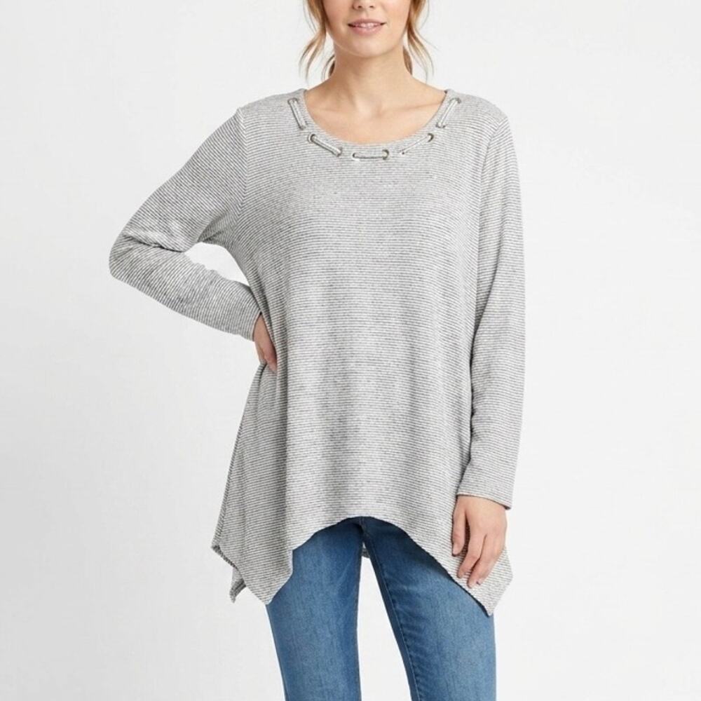 Rafaella Women's Tunic Sweater Sz L Gray & White Striped Asymmetric Grommet Neck
